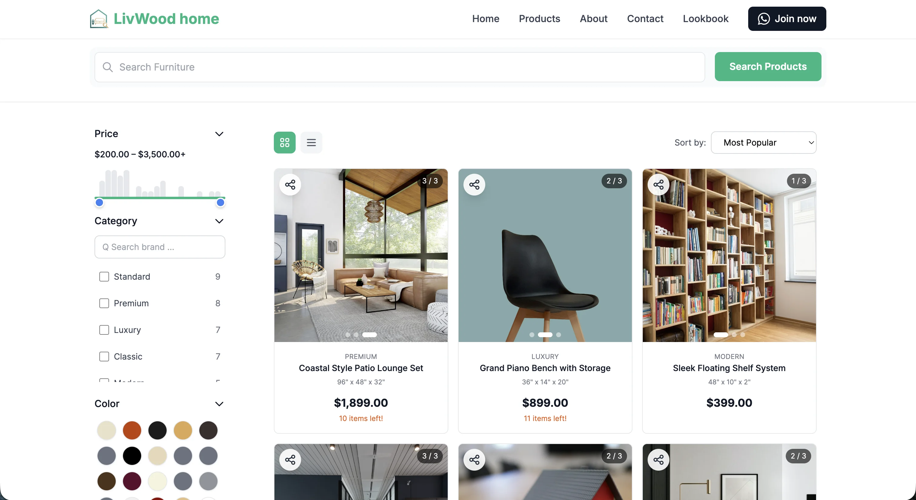Premium Furniture Catalog and Filtering Interface