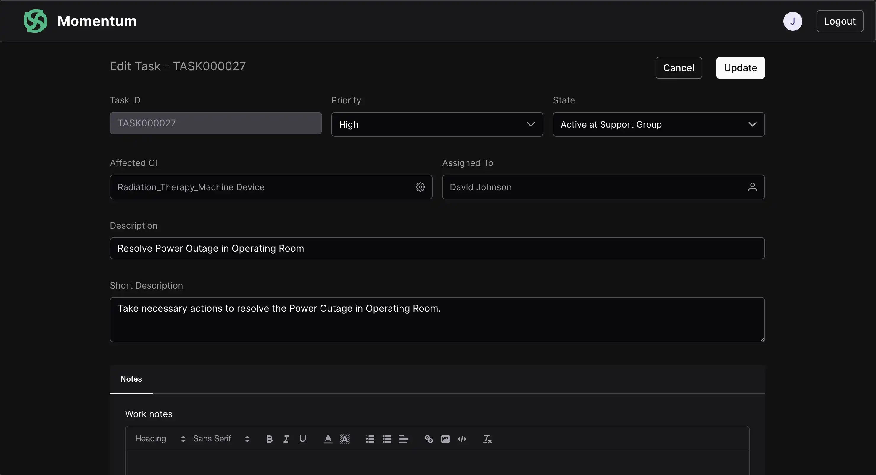 Incident Management edit task