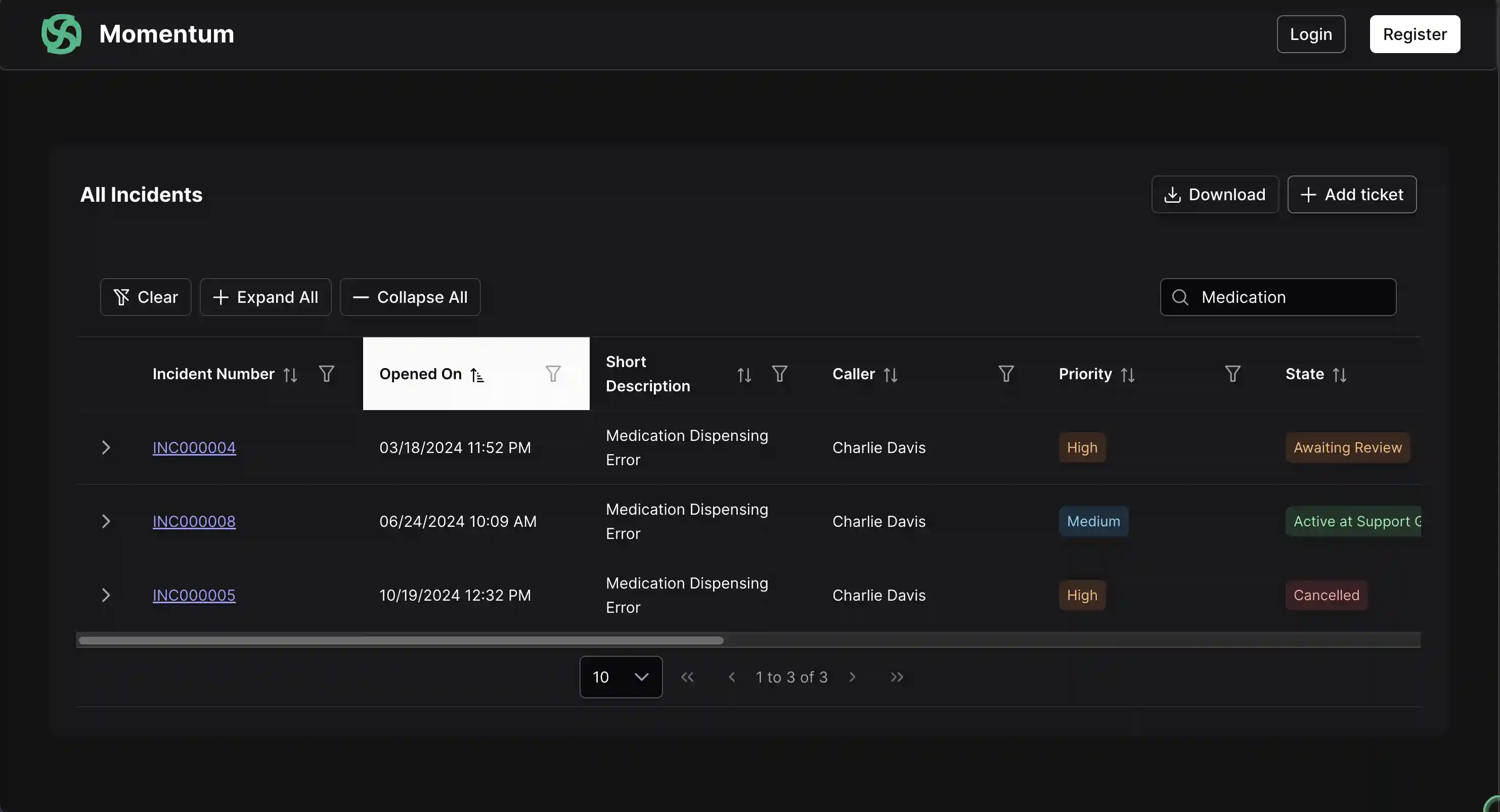 Incident Management sorting searching