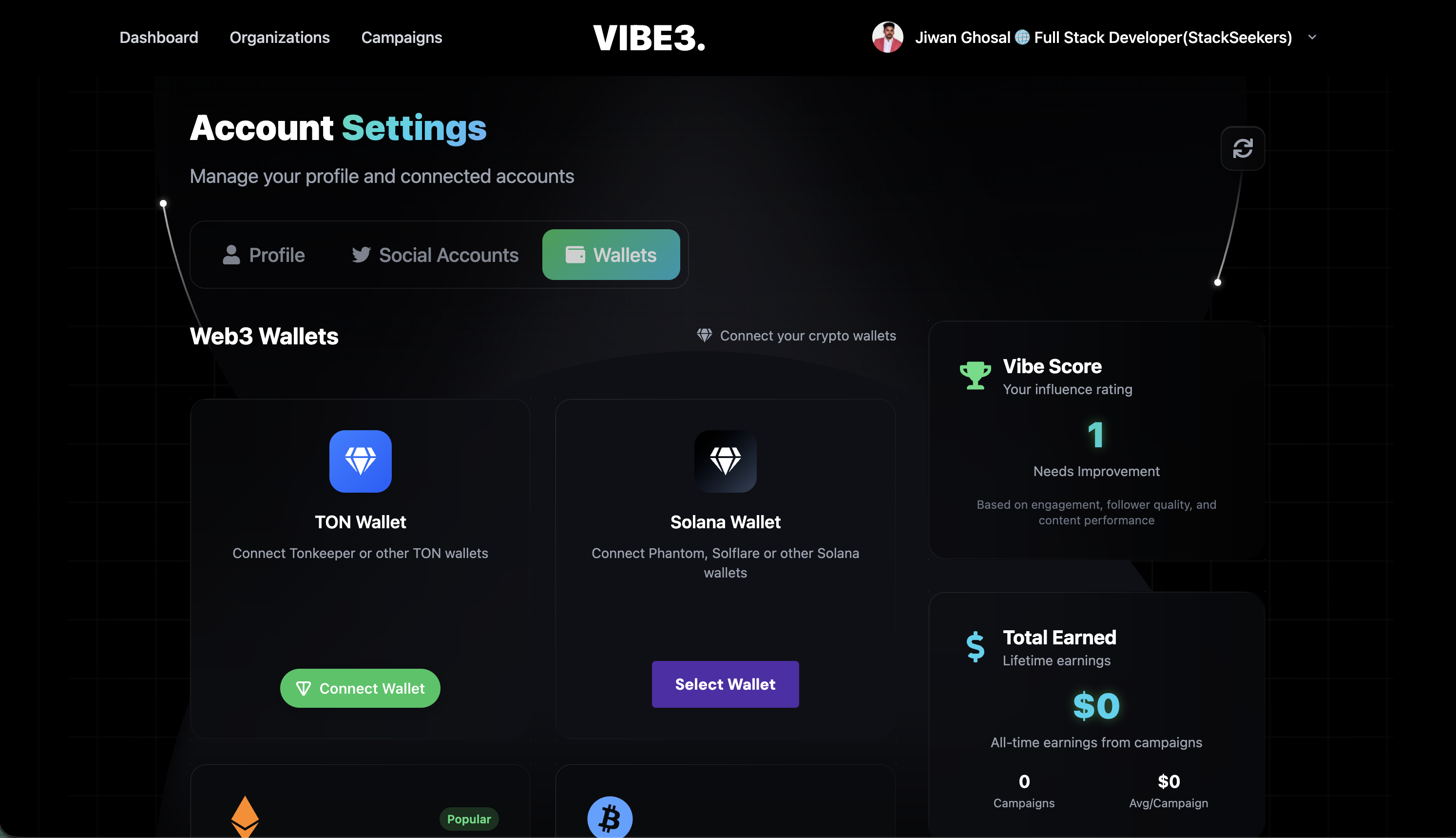Vibe3 Earnings Calculator Interface