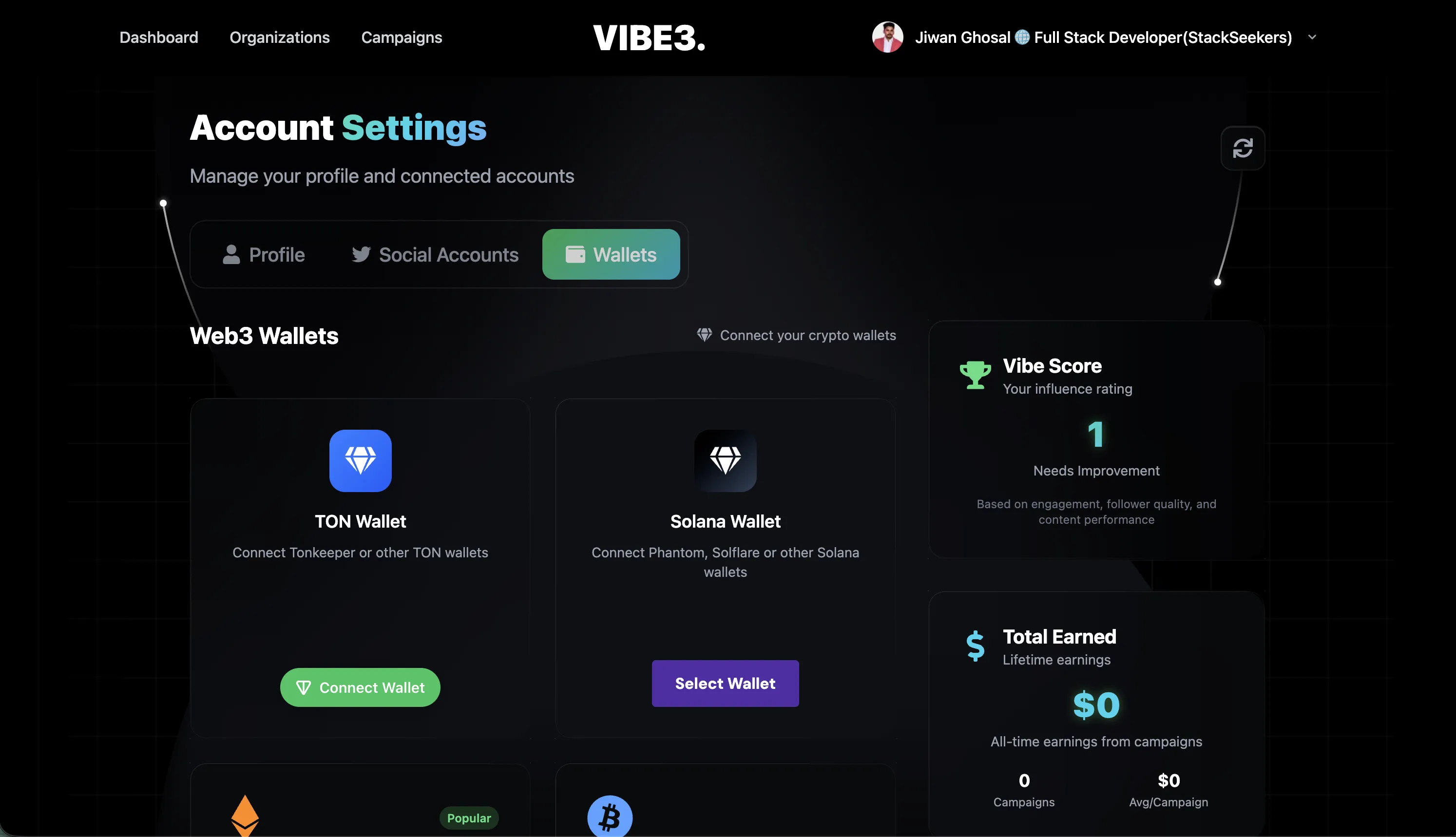 Vibe3 Earnings Calculator Interface
