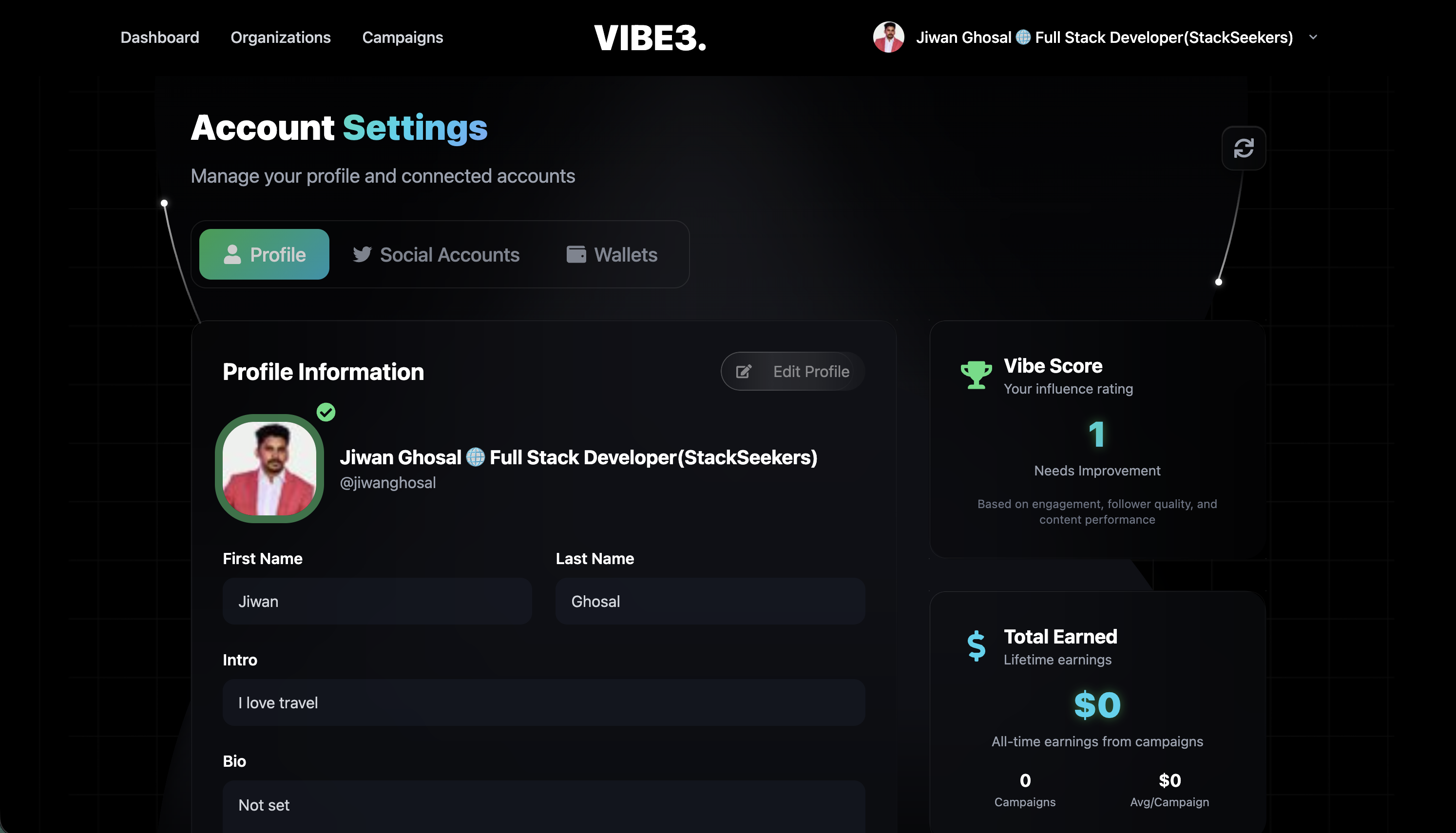Vibe3 User Profile Management Interface