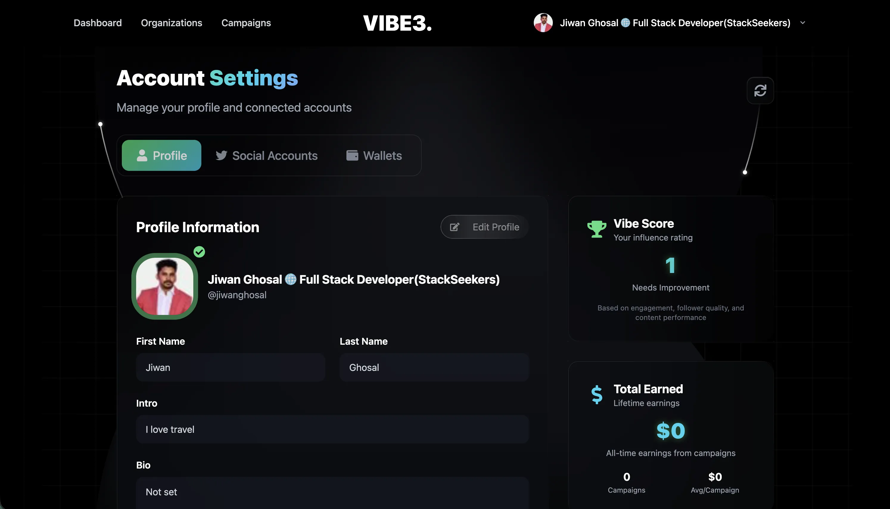 Vibe3 User Profile Management Interface